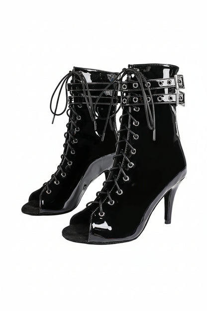 Damskie Botki z Otwartym Przodem, Sznurowaniem i Paskami z Klamrami-Footwear for women-Olave