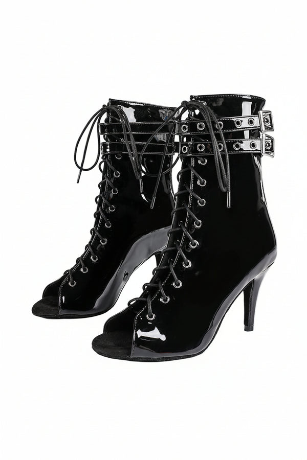 Damskie Botki z Otwartym Przodem, Sznurowaniem i Paskami z Klamrami-Footwear for women-Olave