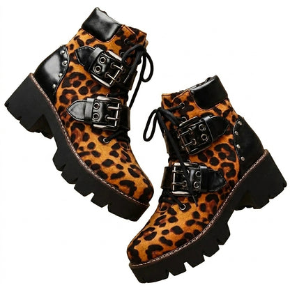 Damskie botki za kostkę w panterkę z klamrami-Footwear for women-Olave