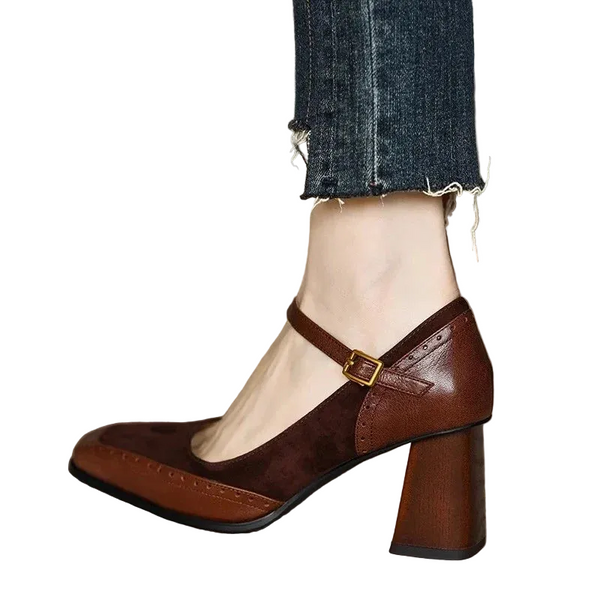 Damskie buty na obcasie typu klocek z paskiem i kwadratowym noskiem-Footwear for women-Olave