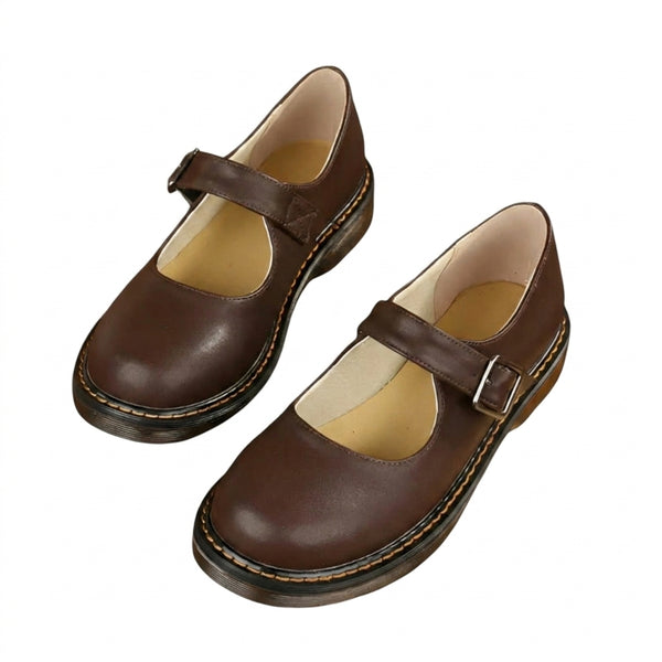 Damskie buty typu Mary Jane z paskiem na klamrę i przeszyciami-Footwear for women-Olave