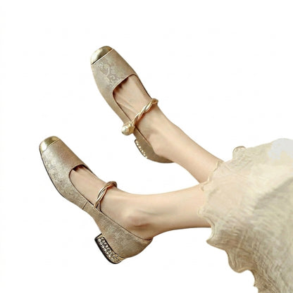 Damskie buty typu Mary Jane z roślinnym wzorem, metalicznym noskiem i zdobionym obcasem-Footwear for women-Olave