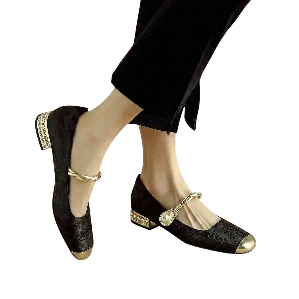 Damskie buty typu Mary Jane z roślinnym wzorem, metalicznym noskiem i zdobionym obcasem-Footwear for women-Olave