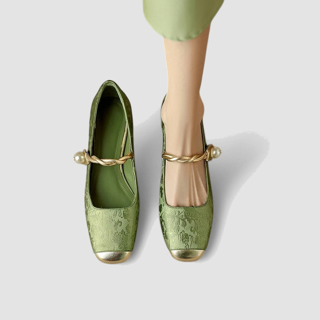 Damskie buty typu Mary Jane z roślinnym wzorem, metalicznym noskiem i zdobionym obcasem-Footwear for women-Olave