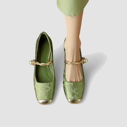 Damskie buty typu Mary Jane z roślinnym wzorem, metalicznym noskiem i zdobionym obcasem-Footwear for women-Olave