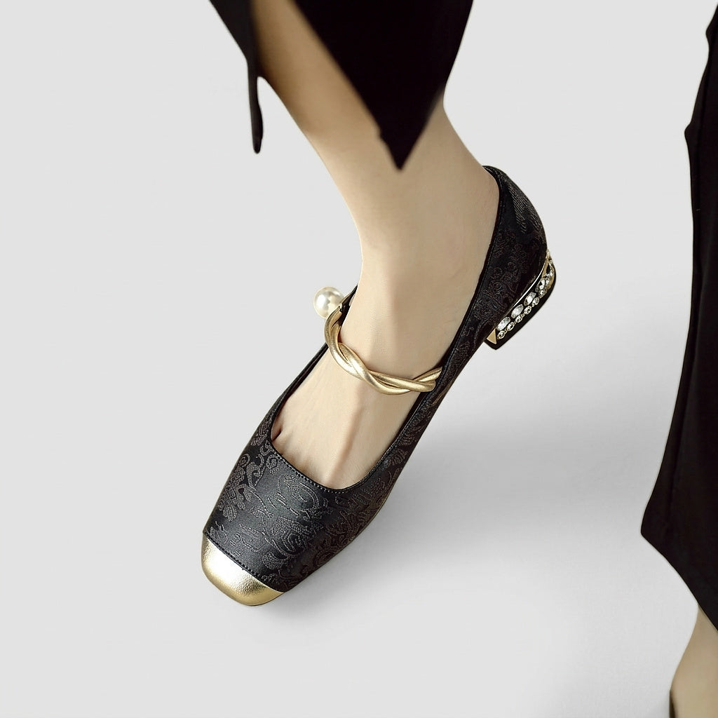Damskie buty typu Mary Jane z roślinnym wzorem, metalicznym noskiem i zdobionym obcasem-Footwear for women-Olave