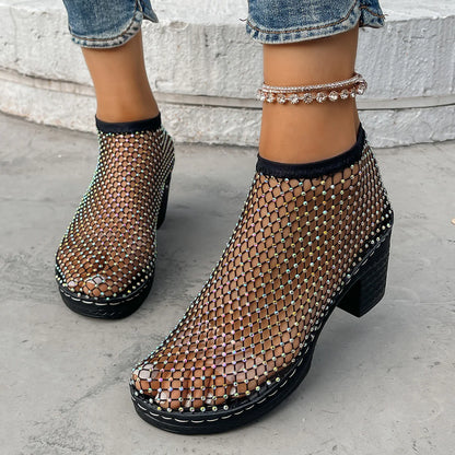 Damskie Buty za Kostkę z Siatkową Cholewką i Zdobieniami z Kryształków-Footwear for women-Olave