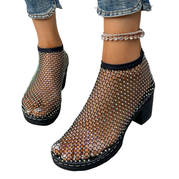 Damskie Buty za Kostkę z Siatkową Cholewką i Zdobieniami z Kryształków-Footwear for women-Olave
