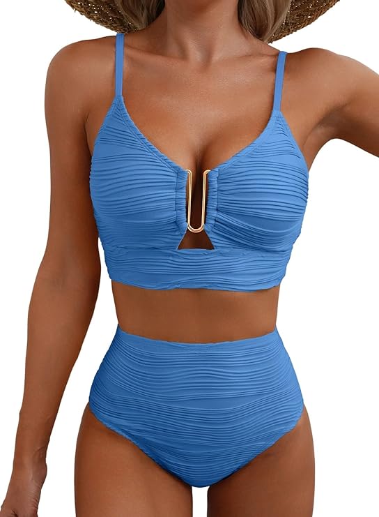 Damskie dwuczęściowe bikini z teksturowanego materiału i metalowym detalem-Swimwear for women-Olave