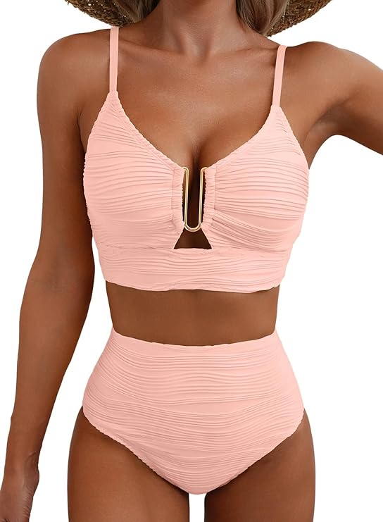 Damskie dwuczęściowe bikini z teksturowanego materiału i metalowym detalem-Swimwear for women-Olave