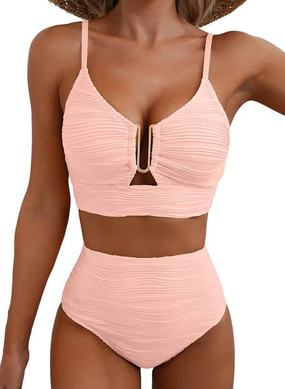 Damskie dwuczęściowe bikini z teksturowanego materiału i metalowym detalem-Swimwear for women-Olave