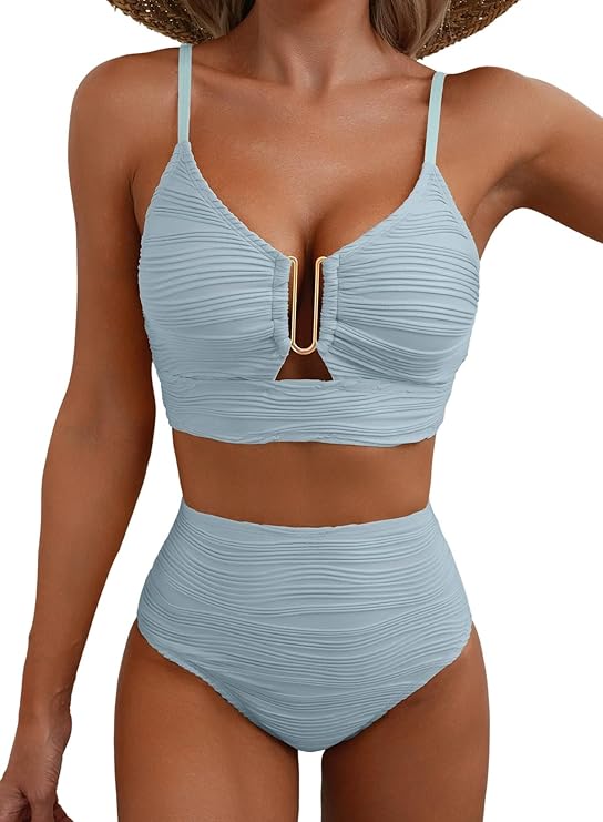 Damskie dwuczęściowe bikini z teksturowanego materiału i metalowym detalem-Swimwear for women-Olave