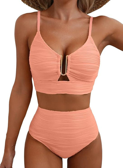 Damskie dwuczęściowe bikini z teksturowanego materiału i metalowym detalem-Swimwear for women-Olave