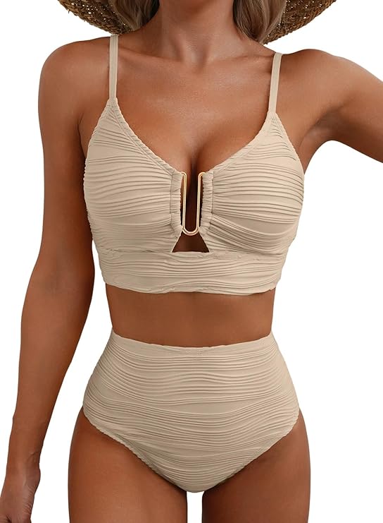 Damskie dwuczęściowe bikini z teksturowanego materiału i metalowym detalem-Swimwear for women-Olave