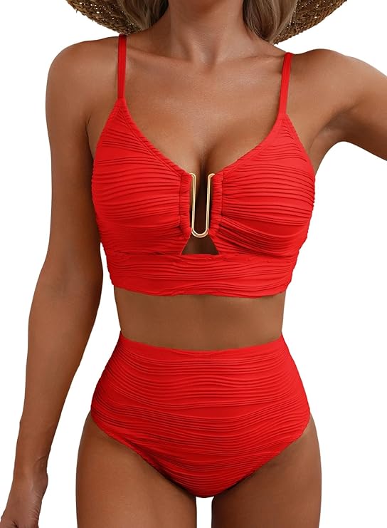 Damskie dwuczęściowe bikini z teksturowanego materiału i metalowym detalem-Swimwear for women-Olave