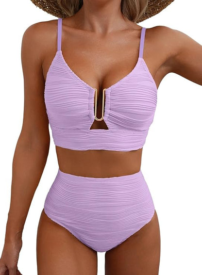Damskie dwuczęściowe bikini z teksturowanego materiału i metalowym detalem-Swimwear for women-Olave