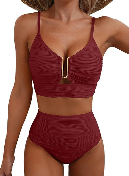 Damskie dwuczęściowe bikini z teksturowanego materiału i metalowym detalem-Swimwear for women-Olave