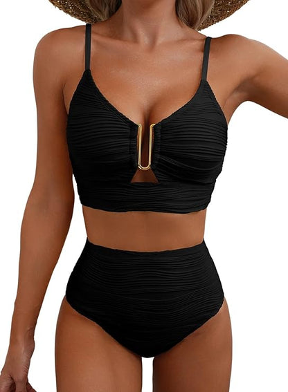Damskie dwuczęściowe bikini z teksturowanego materiału i metalowym detalem-Swimwear for women-Olave