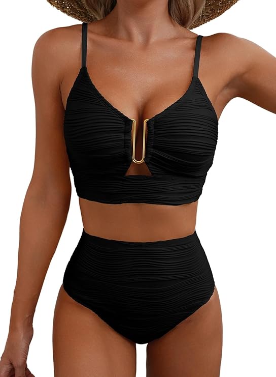 Damskie dwuczęściowe bikini z teksturowanego materiału i metalowym detalem-Swimwear for women-Olave