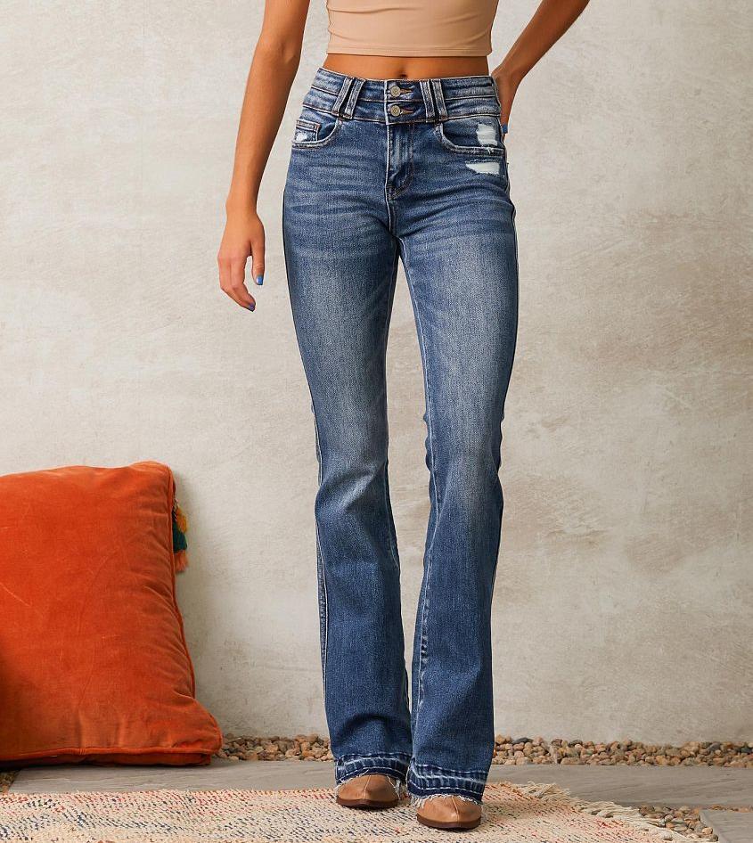 Damskie jeansy bootcut z wysokim stanem i postrzępionym dołem-Pants for Women-Olave