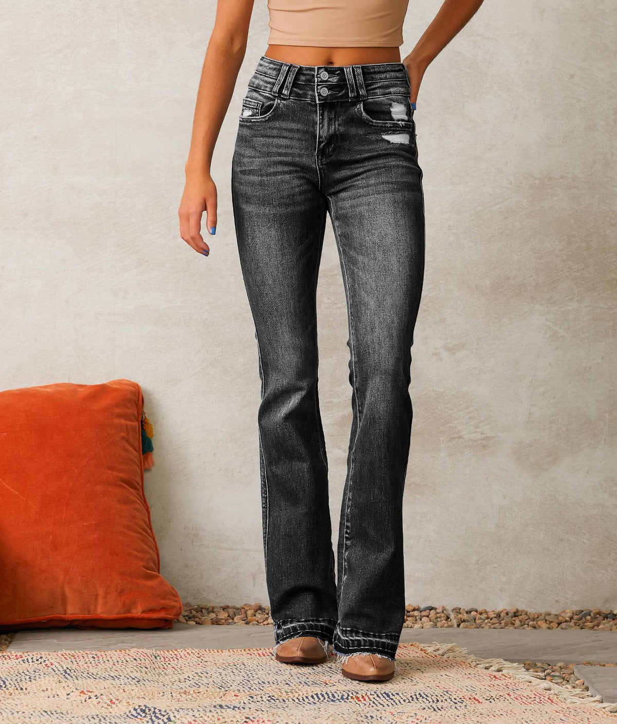 Damskie jeansy bootcut z wysokim stanem i postrzępionym dołem-Pants for Women-Olave