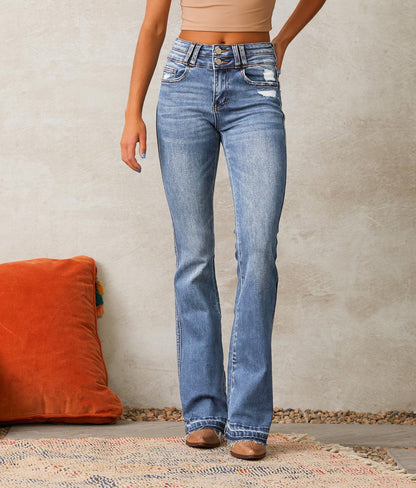 Damskie jeansy bootcut z wysokim stanem i postrzępionym dołem-Pants for Women-Olave