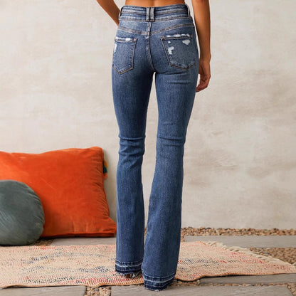 Damskie jeansy bootcut z wysokim stanem i postrzępionym dołem-Pants for Women-Olave