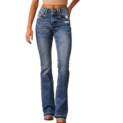 Damskie jeansy bootcut z wysokim stanem i postrzępionym dołem-Pants for Women-Olave