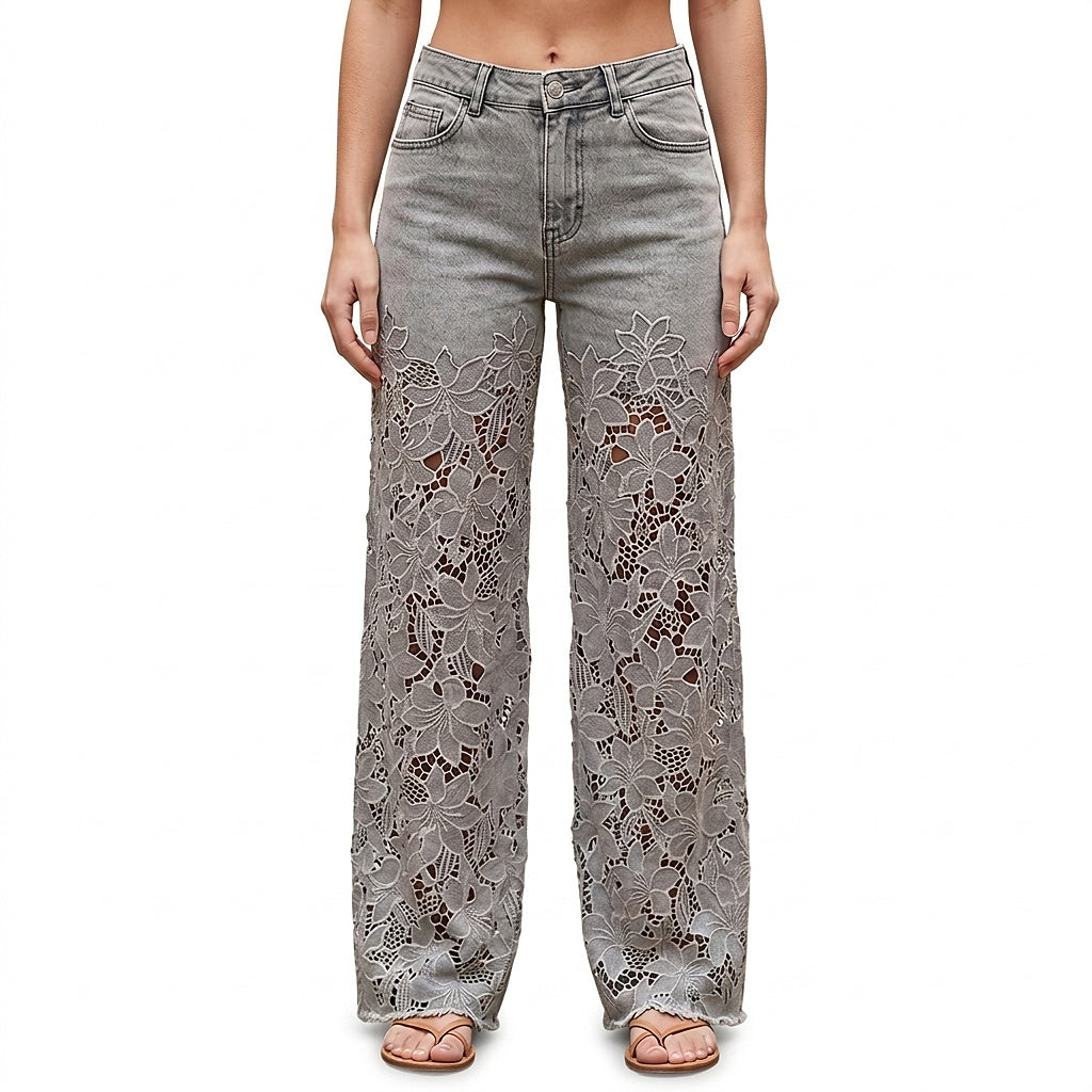 Damskie jeansy z szerokimi nogawkami i koronkowymi wstawkami-Pants for Women-Olave