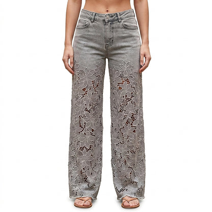 Damskie jeansy z szerokimi nogawkami i koronkowymi wstawkami-Pants for Women-Olave