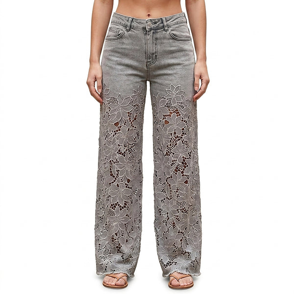 Damskie jeansy z szerokimi nogawkami i koronkowymi wstawkami-Pants for Women-Olave