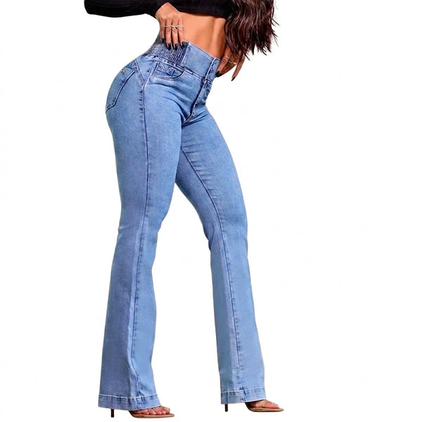 Damskie jeansy z wysokim stanem i rozszerzanymi nogawkami-Pants for Women-Olave
