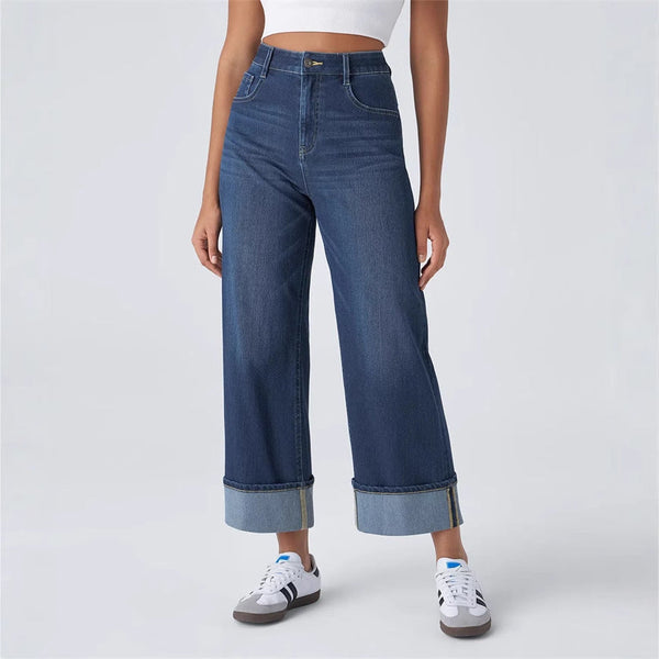 Damskie jeansy z wysokim stanem i szerokimi nogawkami z podwiniętym dołem-Pants for Women-Olave