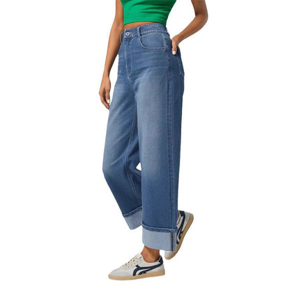 Damskie jeansy z wysokim stanem i szerokimi nogawkami z podwiniętym dołem-Pants for Women-Olave