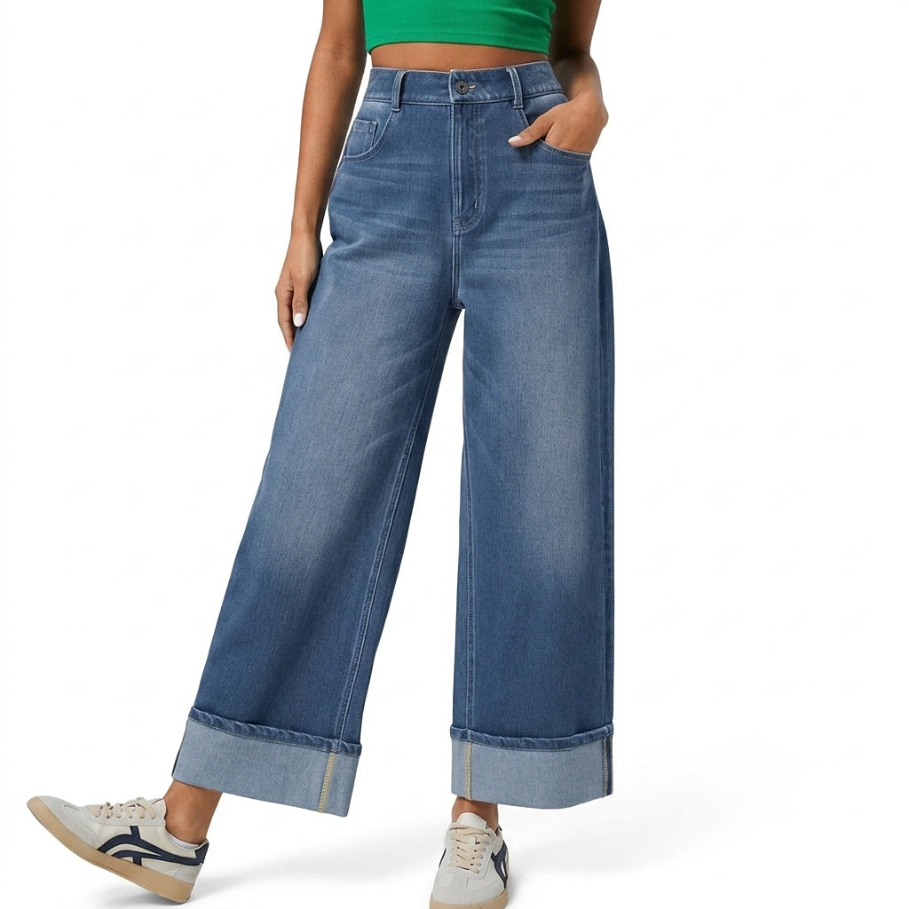 Damskie jeansy z wysokim stanem i szerokimi nogawkami z podwiniętym dołem-Pants for Women-Olave