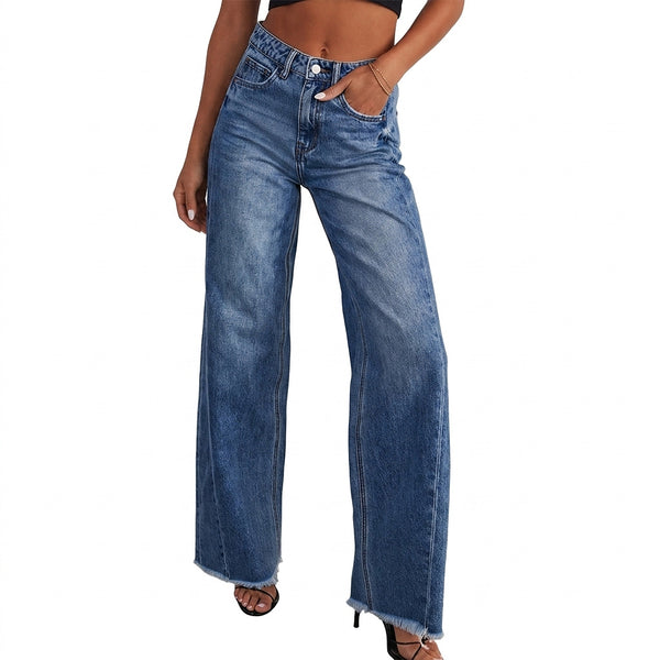 Damskie jeansy z wysokim stanem i szerokimi nogawkami z surowym wykończeniem-Pants for Women-Olave
