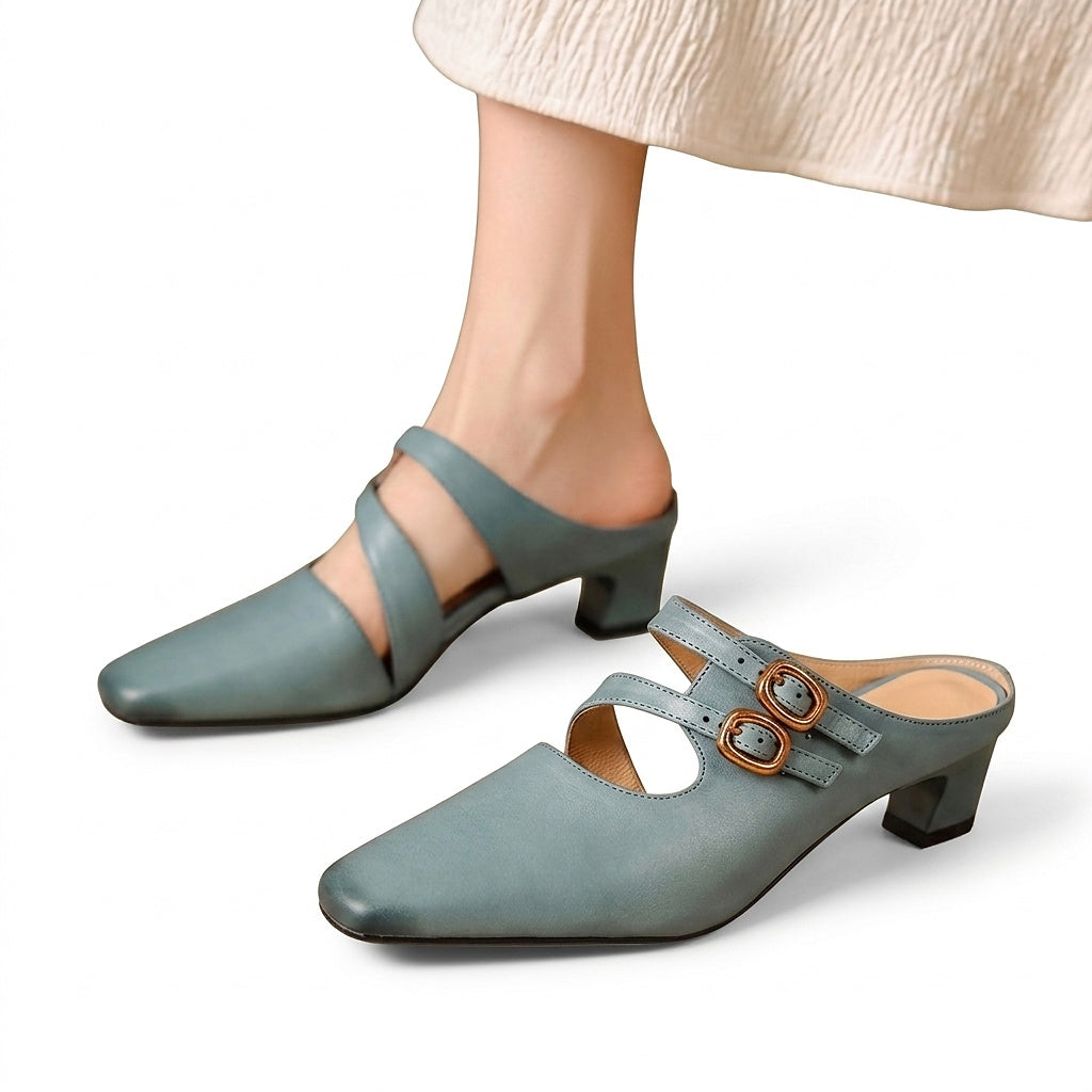 Damskie klapki z kwadratowym noskiem i dwoma paskami-Footwear for women-Olave