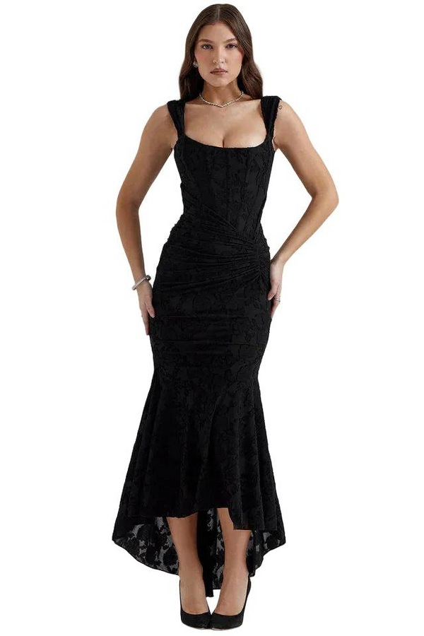 Damskie Koronkowa sukienka midi z marszczeniem w talii i asymetrycznym dołem-Maxi Dress-Olave