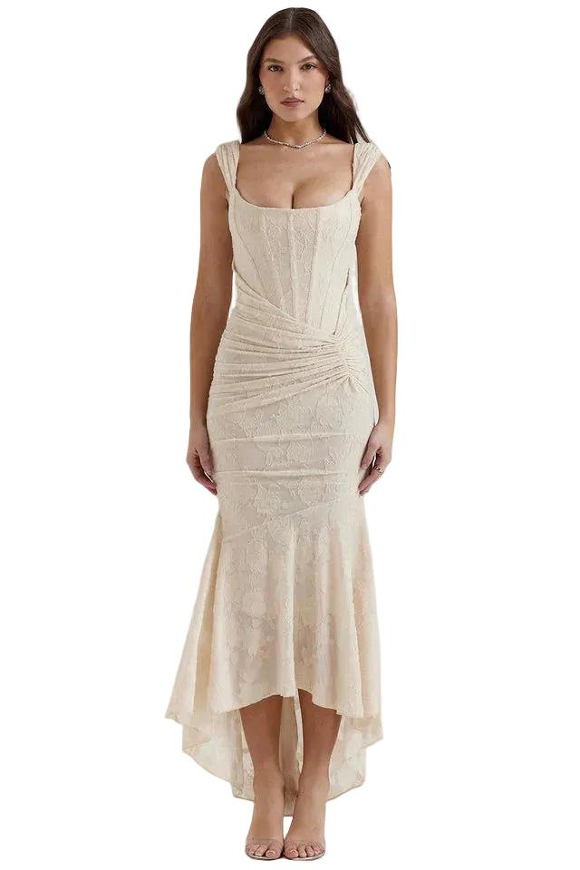 Damskie Koronkowa sukienka midi z marszczeniem w talii i asymetrycznym dołem-Maxi Dress-Olave