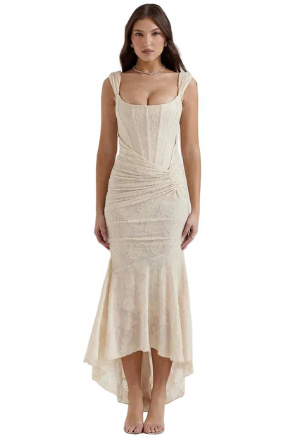 Damskie Koronkowa sukienka midi z marszczeniem w talii i asymetrycznym dołem-Maxi Dress-Olave
