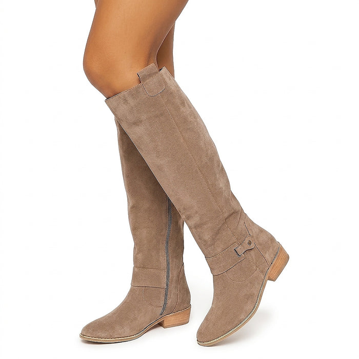 Damskie kozaki zamszowe za kolano z bocznym zamkiem i klockowym obcasem-Footwear for women-Olave