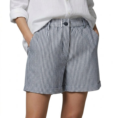 Damskie krótkie spodenki w pionowe paski z wysokim stanem i wywiniętymi nogawkami-Shorts for men-Olave