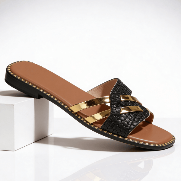 Damskie płaskie klapki z metalicznymi paskami-Footwear for women-Olave