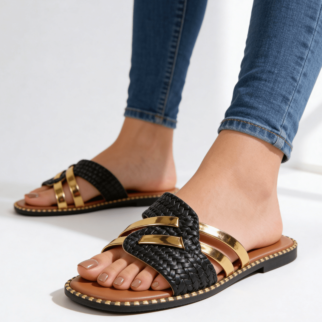Damskie płaskie klapki z metalicznymi paskami-Footwear for women-Olave