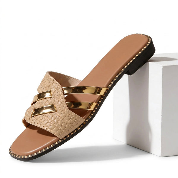 Damskie płaskie klapki z metalicznymi paskami-Footwear for women-Olave