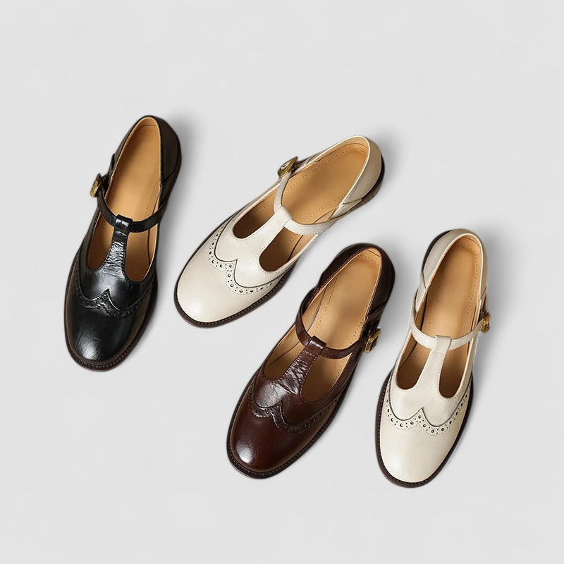 Damskie półbuty typu Mary Jane z paskiem T i perforacjami-Footwear for women-Olave