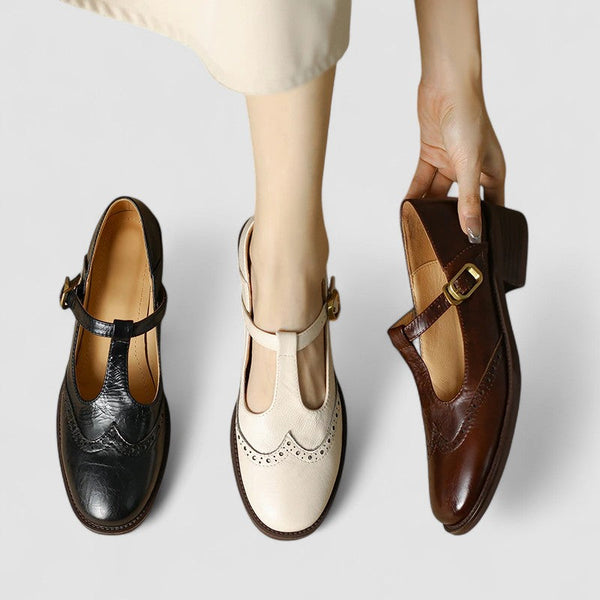 Damskie półbuty typu Mary Jane z paskiem T i perforacjami-Footwear for women-Olave