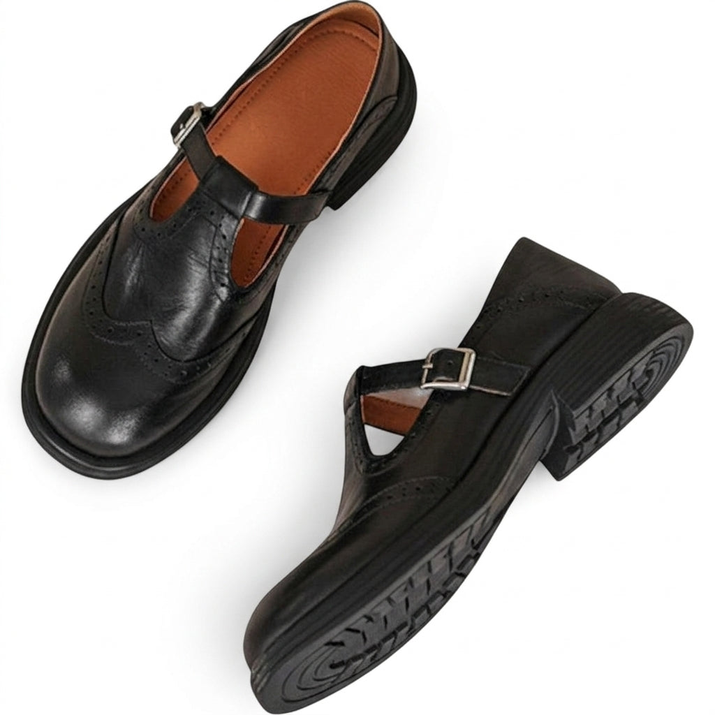 Damskie półbuty typu T-strap ze zdobieniami brogue i klamrą-Shoes for women-Olave