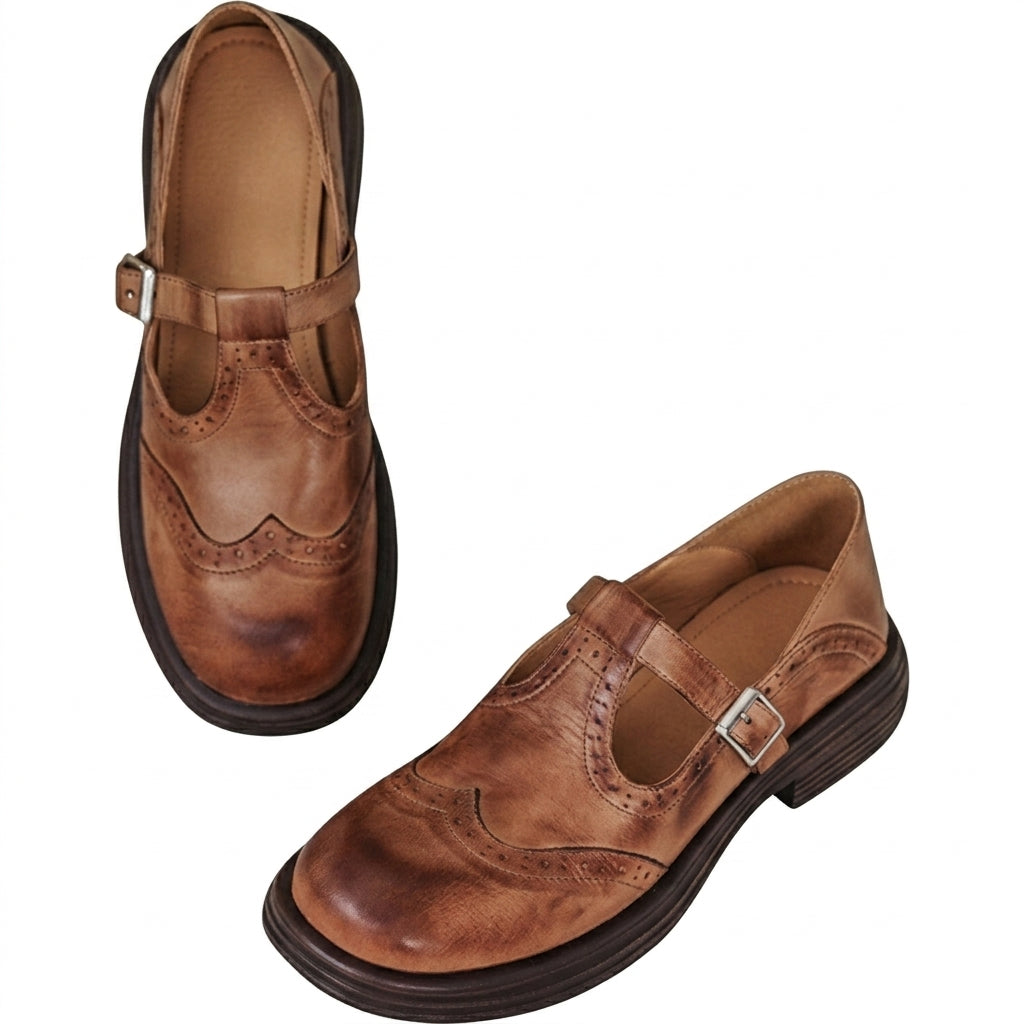 Damskie półbuty typu T-strap ze zdobieniami brogue i klamrą-Shoes for women-Olave