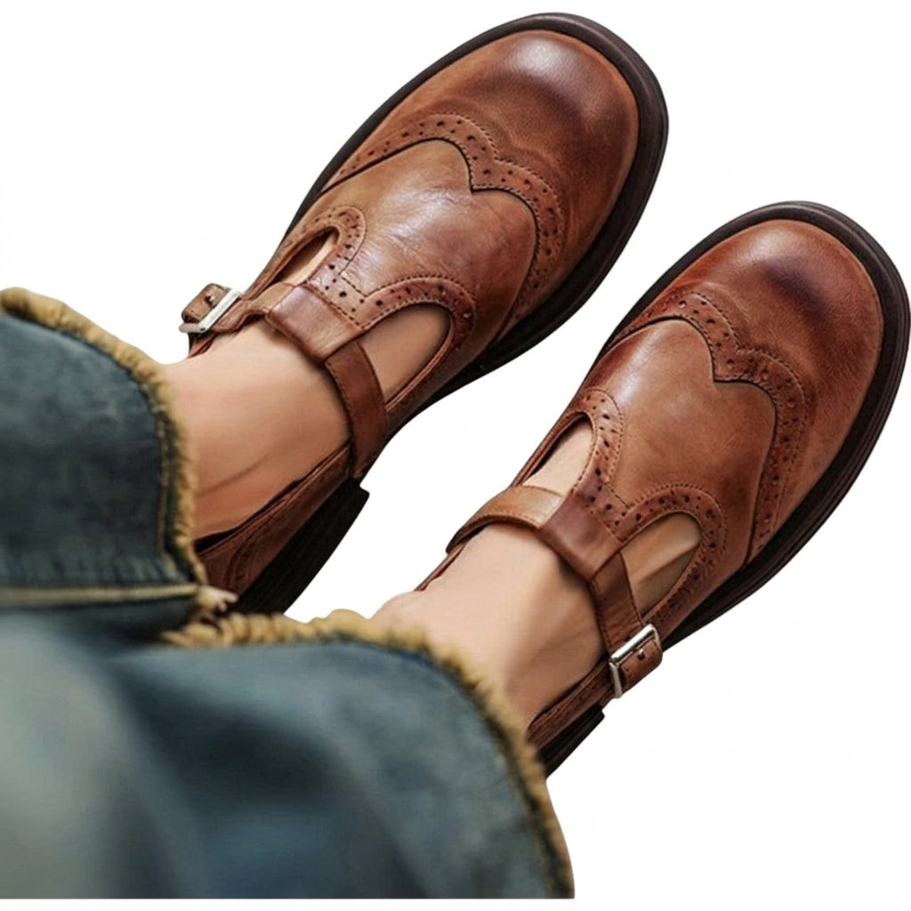 Damskie półbuty typu T-strap ze zdobieniami brogue i klamrą-Shoes for women-Olave